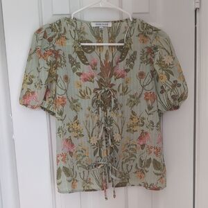 Rose & Olive Floral Lace-Up Blouse - Green and Pink